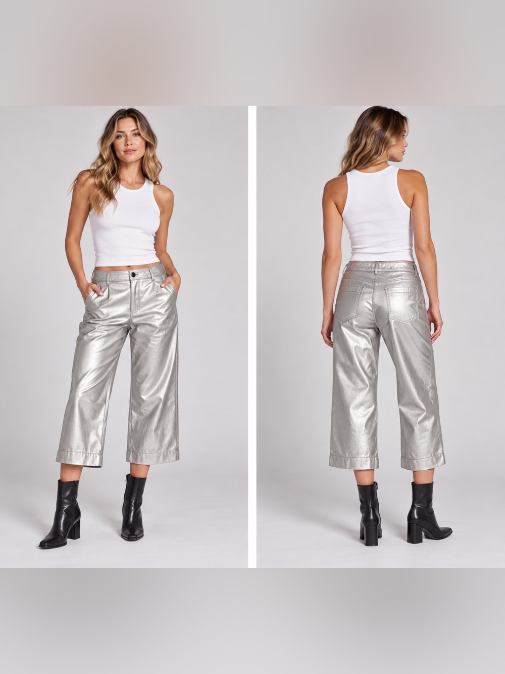 Maeve Anthropologie Silver Metallic Faux Leather Cropped Pants/Holiday/Party